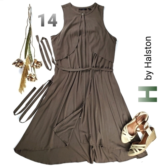 H by Halston  Brown Olive Belted Maxi Dress 14 - Picture 1 of 15